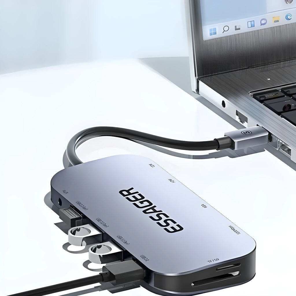 11-in-1 USB-C expansion dock with Ethernet, HDMI, USB ports, and card readers on a 20cm cable.