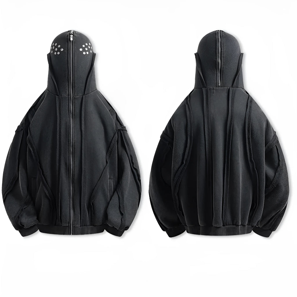 Black men's loose-fit padded cotton hooded cardigan coat with zip front and abstract pattern.