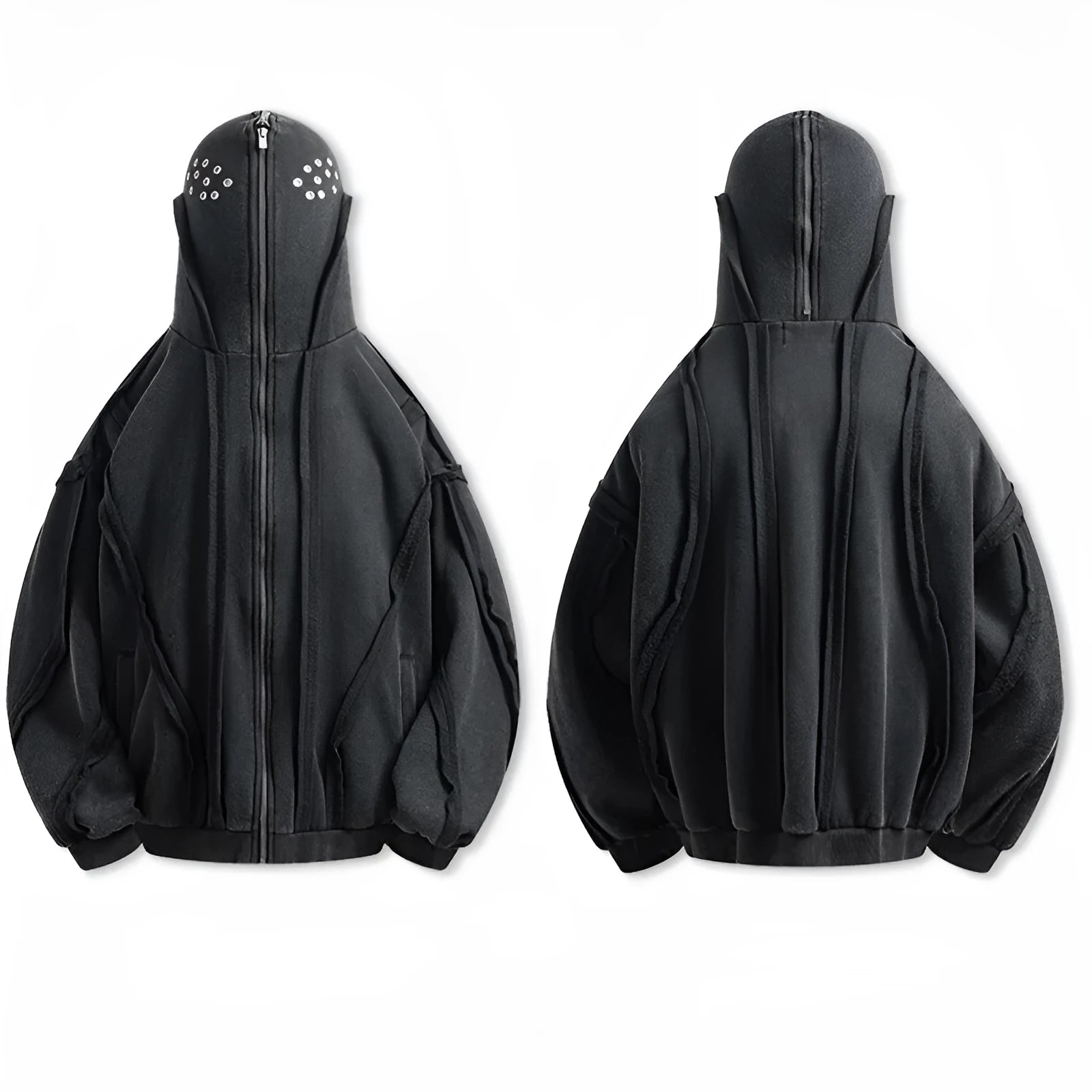 Black men's loose-fit padded cotton hooded cardigan coat with zip front and abstract pattern.