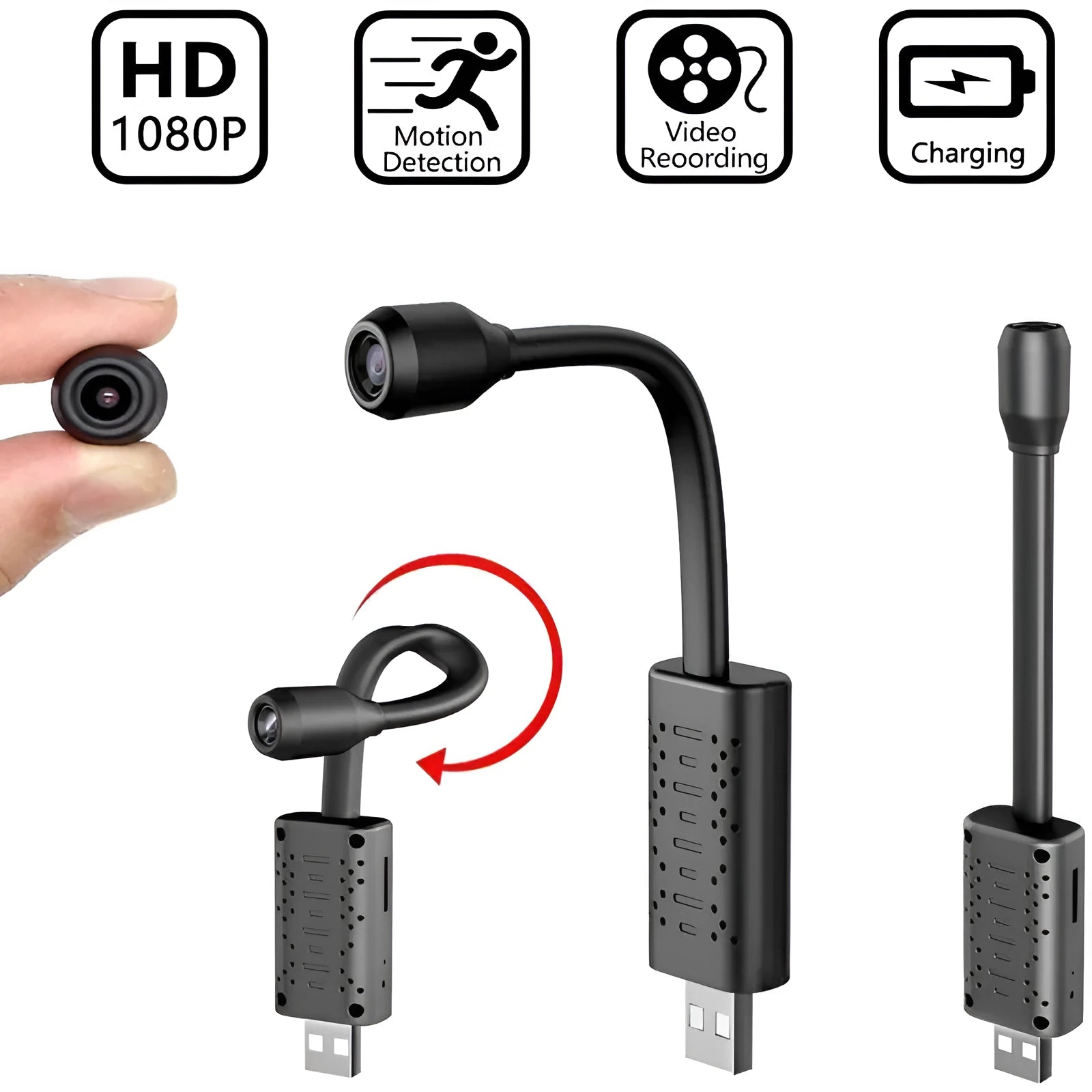 Black V380 wireless USB HD handheld camera showing compact size for portable recording.