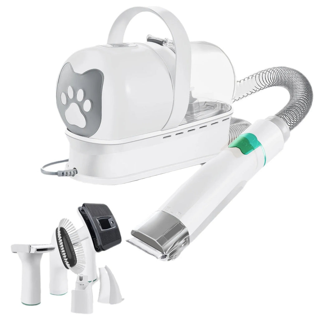 White pet grooming device with vacuum trimming system for dog hair management