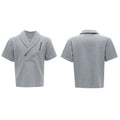 Men's dark grey cotton sports suit with V-neck jacket, padded shoulders, metal embellishments, and matching shorts.
