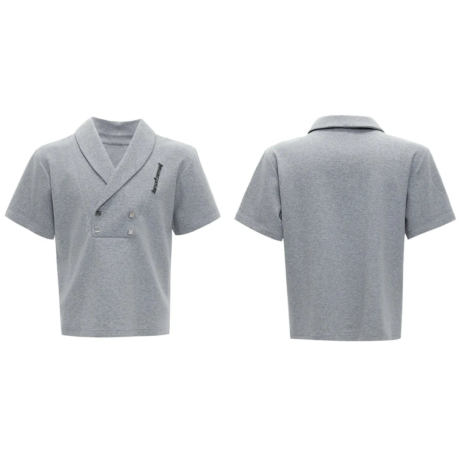 Men's dark grey cotton sports suit with V-neck jacket, padded shoulders, metal embellishments, and matching shorts.