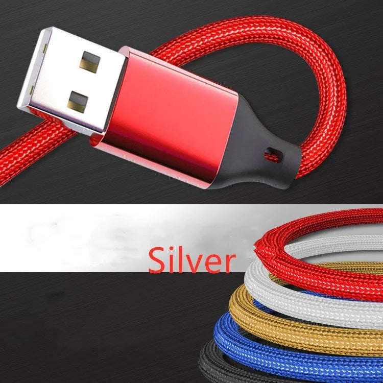 Three-in-one braided charging cable showing red, blue, gold, black, silver, and rose gold colour options