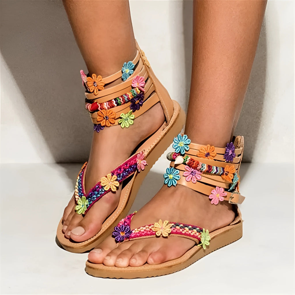 Ethnic beaded petal sandals with artificial PU upper and round toe