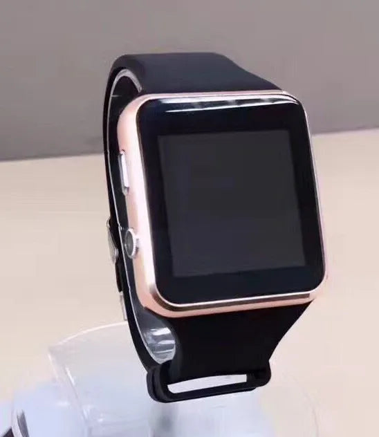 Black smartwatch with 1.54 inch touch screen on a silicone strap, showing a watch face with step count.