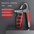 Adjustable electronic counter spring grip hand exerciser in grey, orange, or red.