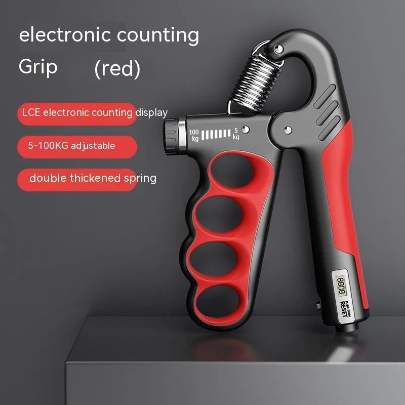 Adjustable electronic counter spring grip hand exerciser in grey, orange, or red.