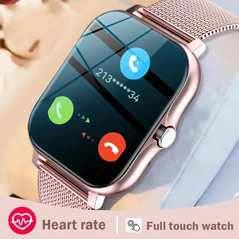 Smart watch with 1.44-inch colour touchscreen and silicone strap, shown in various colour options.