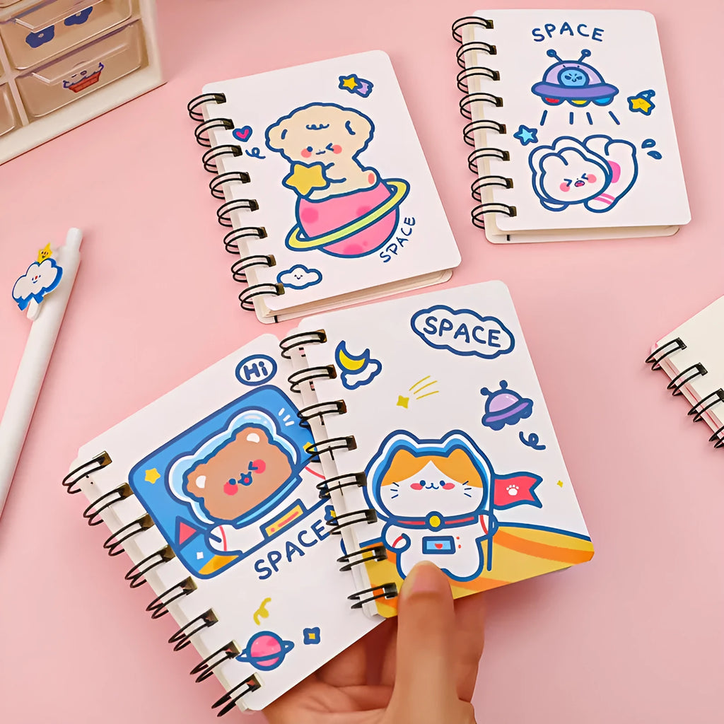 Astronaut-themed flip notebook in pocket size 10.5 by 8 cm with space cat cover design.