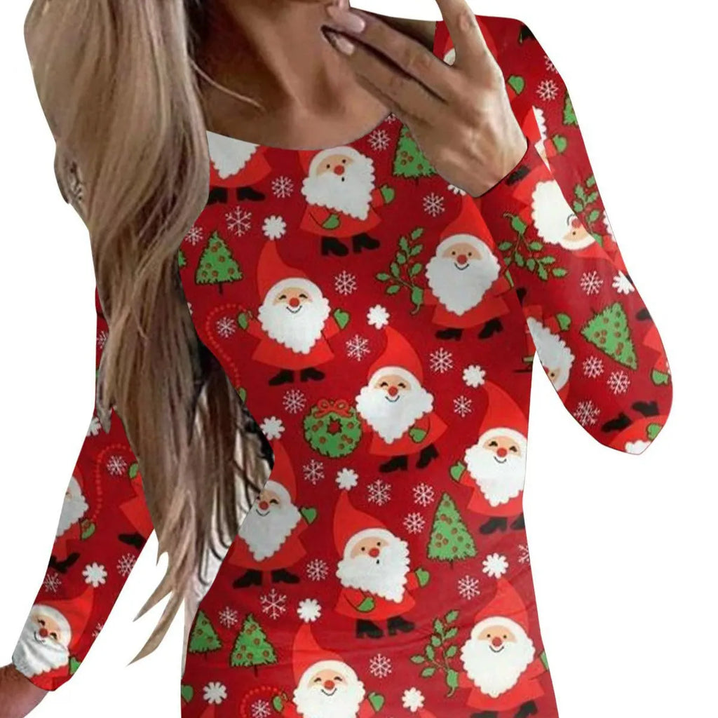 Women's tight-fit long sleeve Christmas dress with animal print in a floral colour, showing round neck and hip skirt.