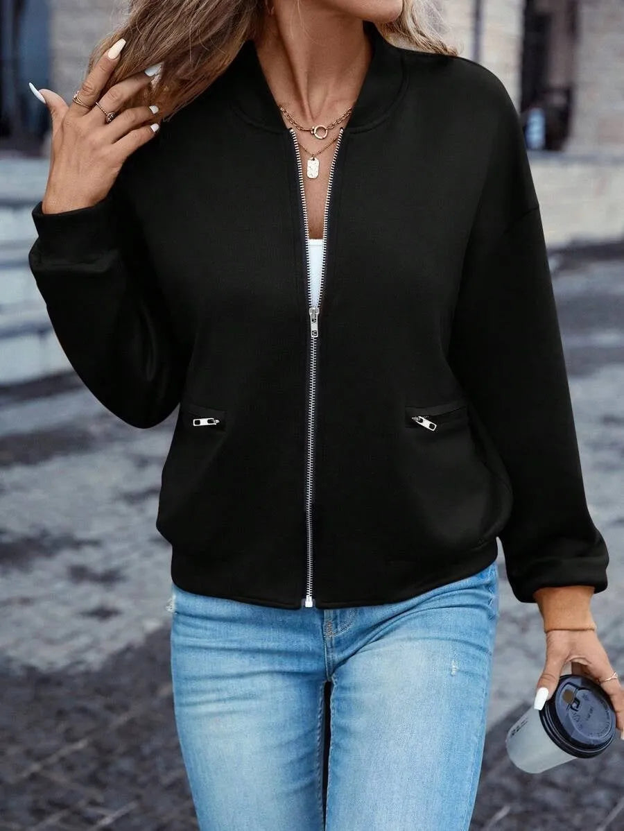 Black women's zip jacket with faux pockets and long sleeves showing front view