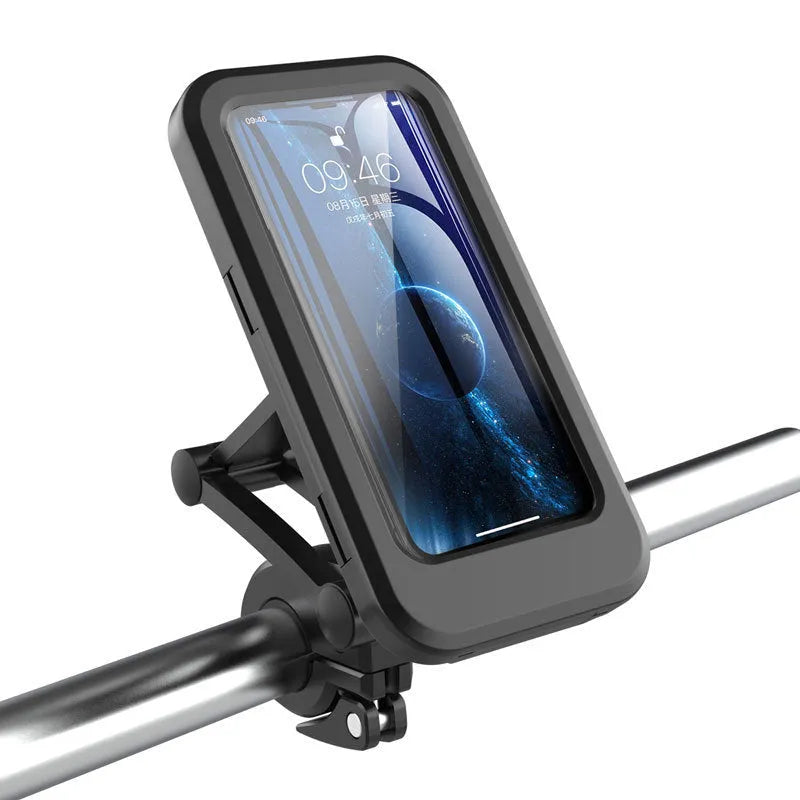 Black adjustable waterproof bicycle and motorcycle phone holder mount for 4 to 6.7 inch mobile devices.