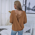Women's loose casual backless long sleeve pullover in solid brown polyester with drop shoulders