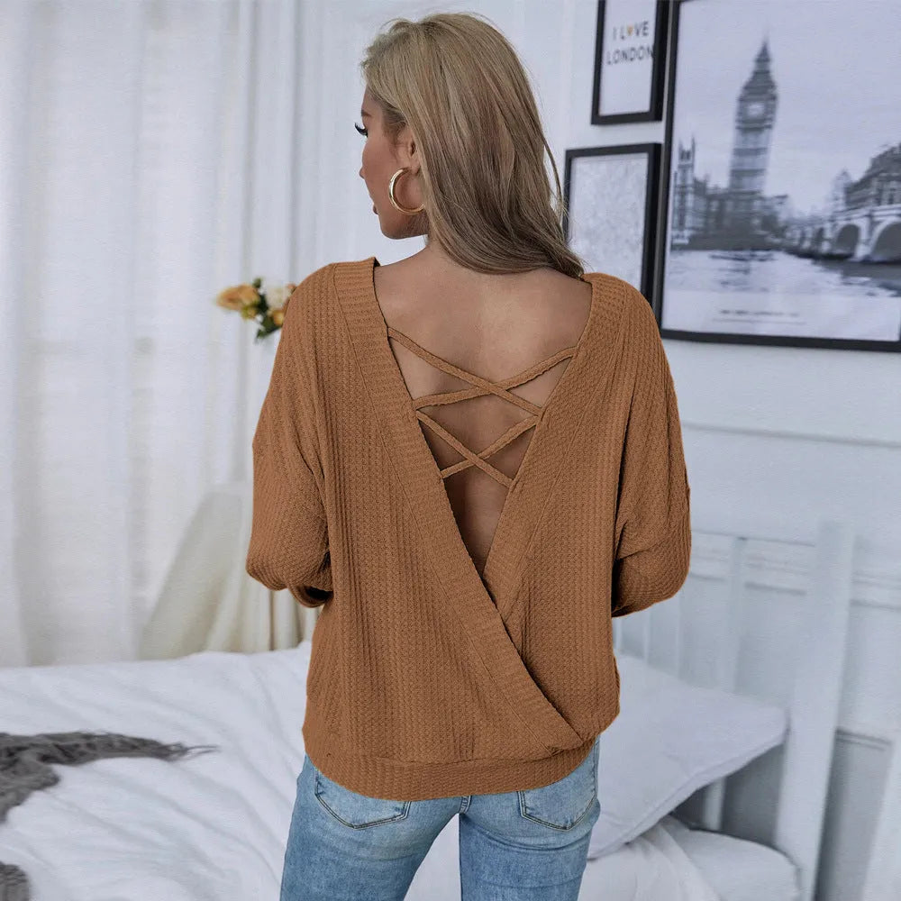 Women's loose casual backless long sleeve pullover in solid brown polyester with drop shoulders