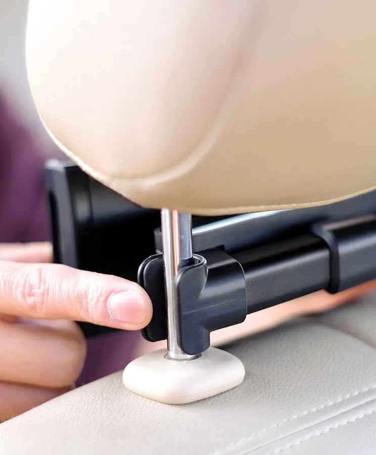 Black universal car phone and tablet holder mounted on a rear seat base.