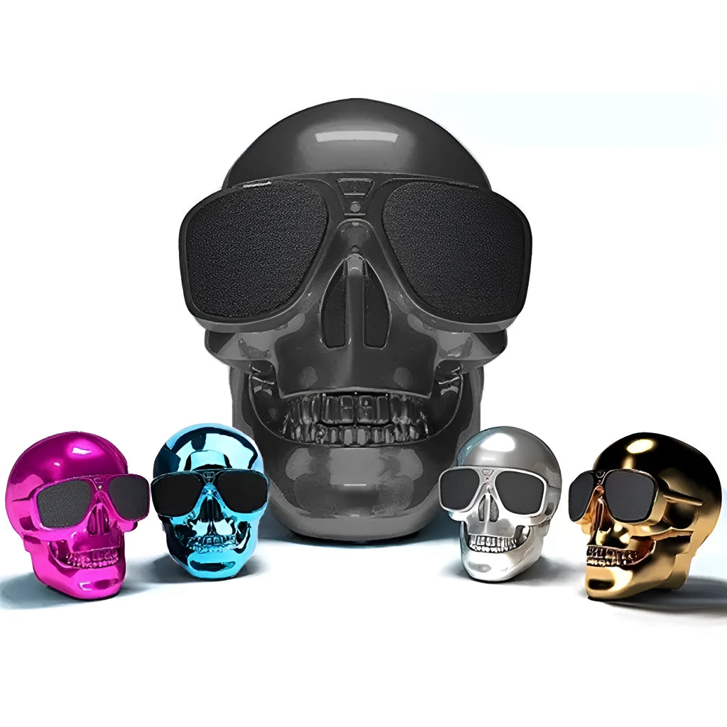 Skull-shaped portable Bluetooth speaker with 10-hour battery in multiple colour options