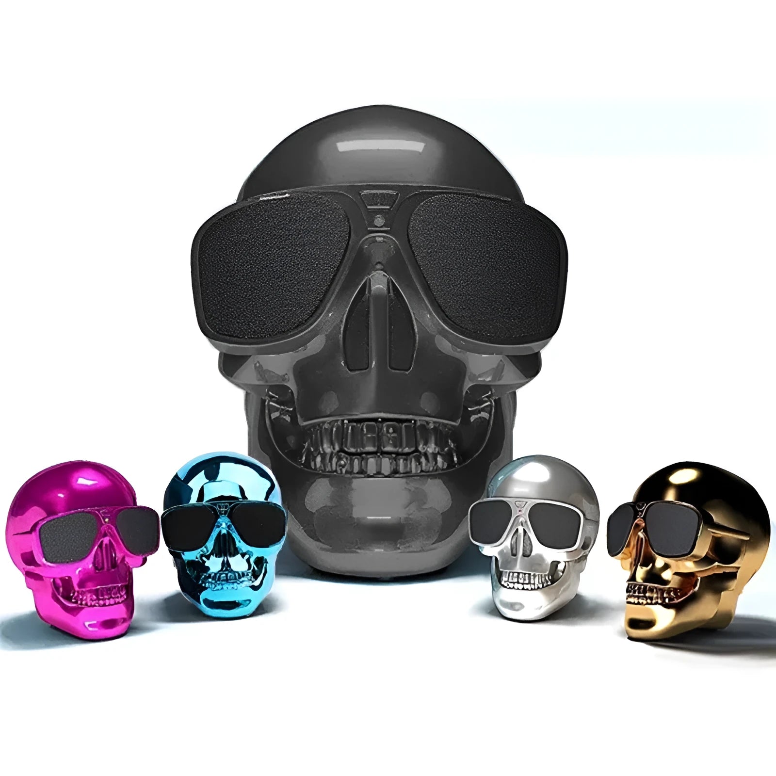 Skull-shaped portable Bluetooth speaker with 10-hour battery in multiple colour options