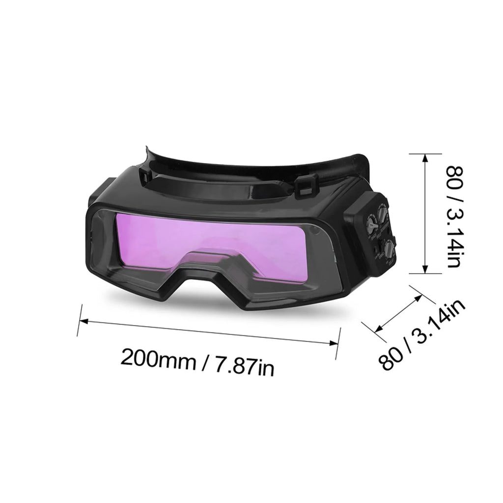Black automatic darkening welding mask glasses showing large rectangular viewing lens.