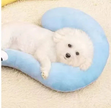 Blue U-shaped cat pillow with a Question Mark design on a wooden floor.