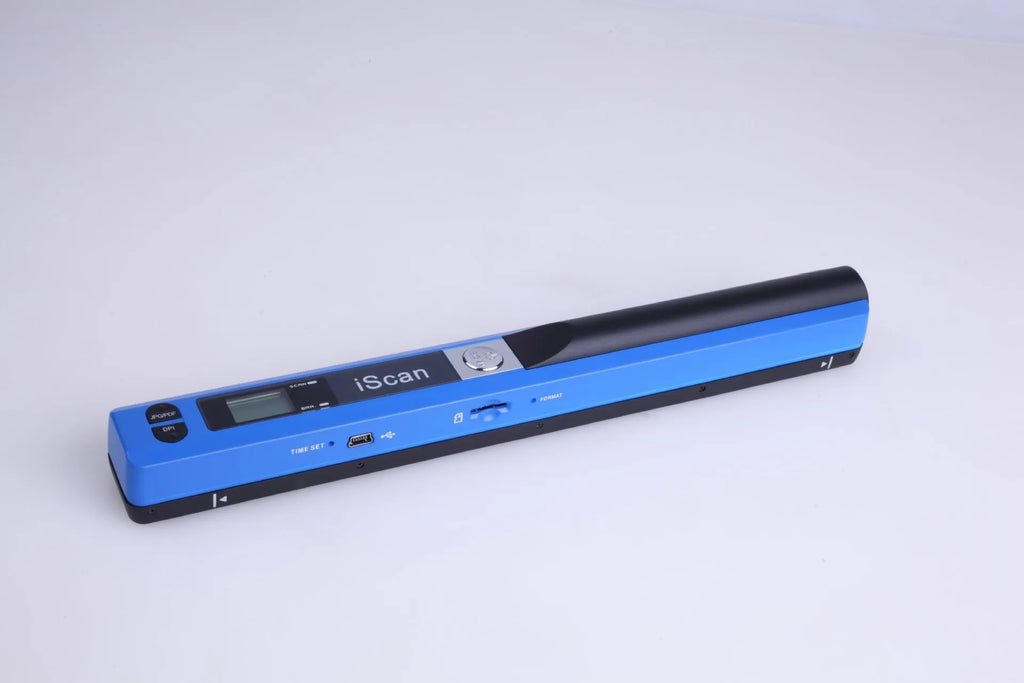Handheld barcode scanner with plastic body shown in black, blue, green, red, and silver colour options.