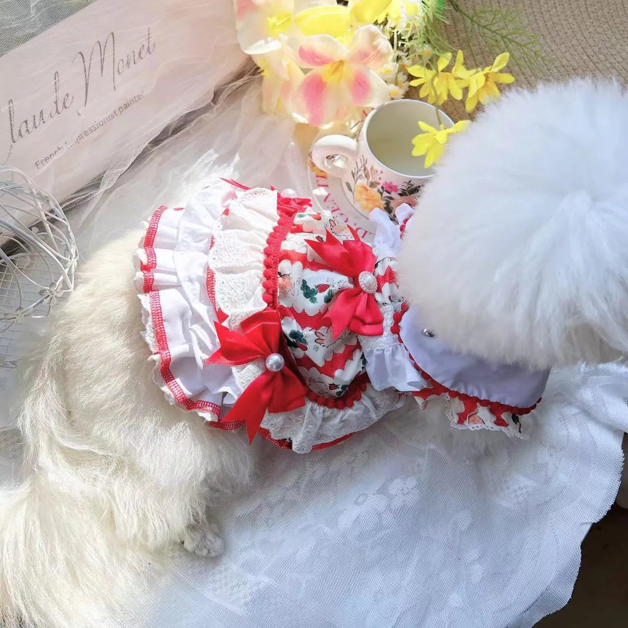Princess style rabbit skirt dog dress in polyester on a small dog mannequin