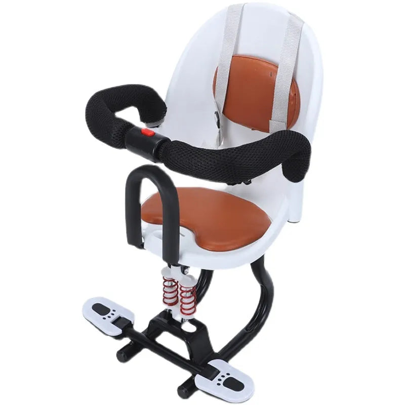 Front-mounted child seat for electric scooters with steel frame in black, red or white
