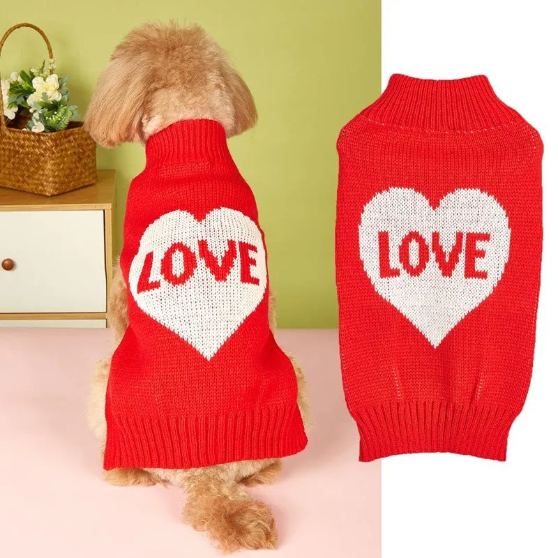 Red love heart design dog sweater on small dog showing acrylic knit and decorative motifs