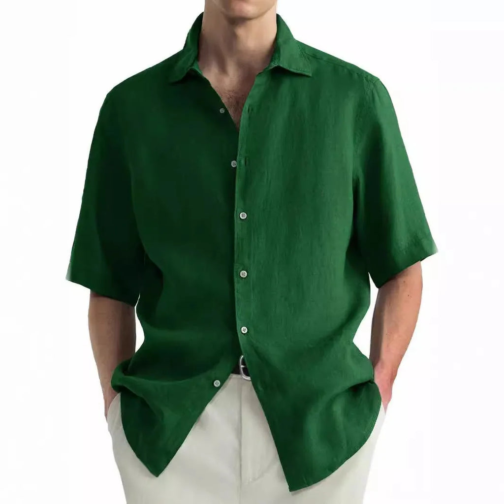 Men's green washed cotton casual shirt with cardigan style open front, shown in a relaxed fit.