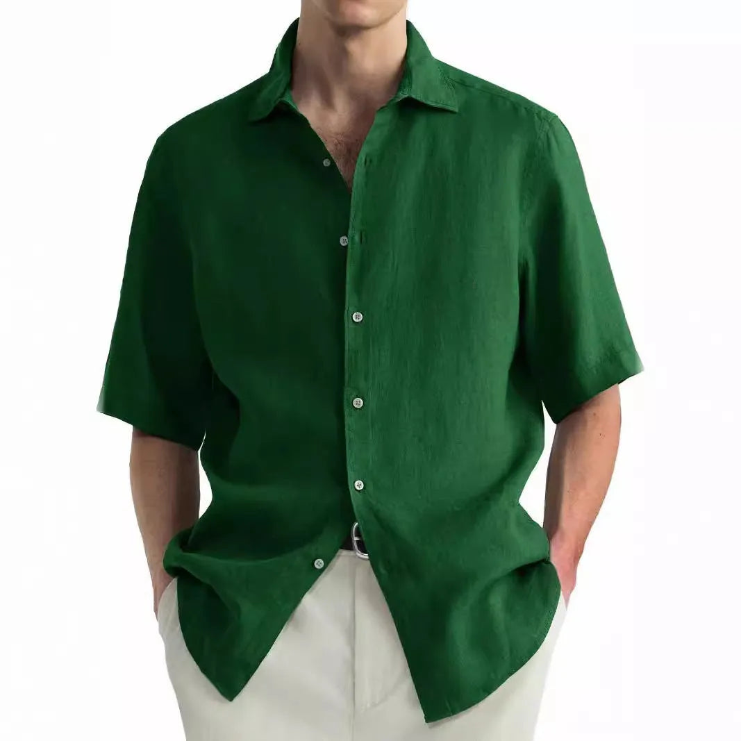 Men's green washed cotton casual shirt with cardigan style open front, shown in a relaxed fit.