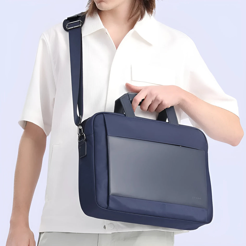 Men's large capacity Oxford cloth computer bag for 15-inch laptop in black solid colour with sewing thread detail