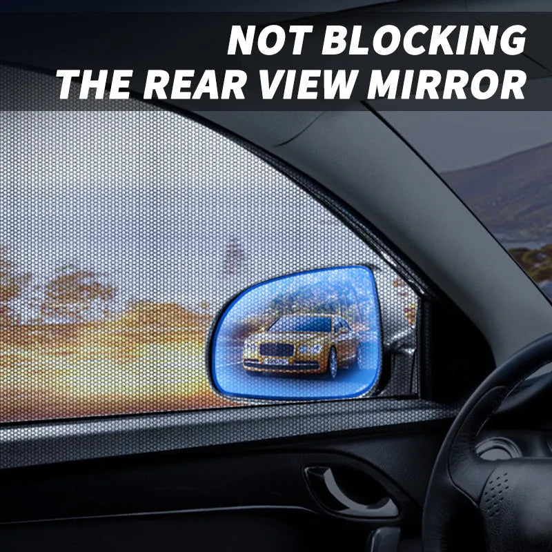 Car side window sunshade mesh installed on vehicle door with elastic strip fixation