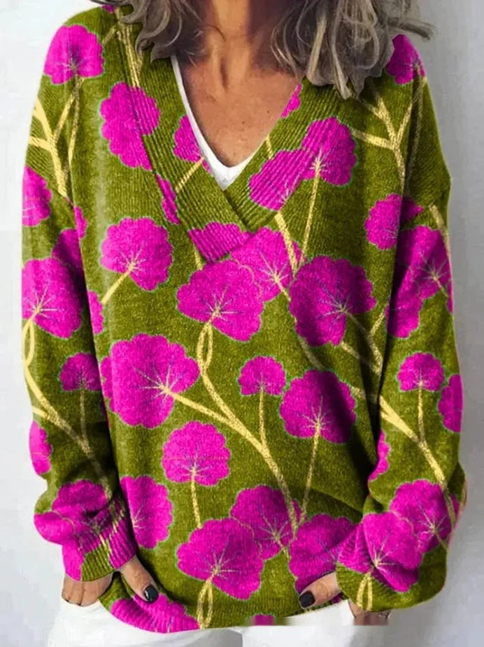 Women's floral pattern 3D printed V-neck sweatshirt with long sleeves