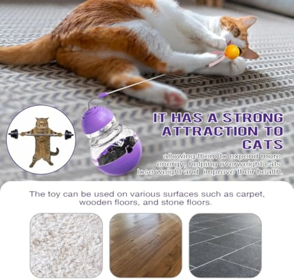 Yellow cat toy wand with bouncing teaser stick, plastic ball, ribbon, and slow feeder compartment