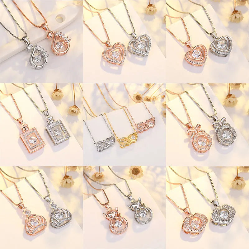 Sterling silver heart necklace with crown and bow design in rose gold or silver finish