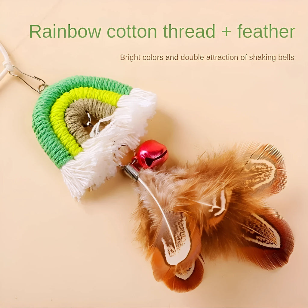 Feather cat rope door hanging toy with elastic swing and sticky buckle clamp in blue, green, or pink colours