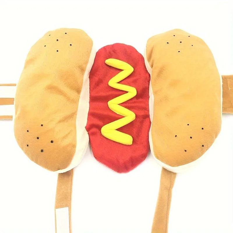Funny stuffed hot dog costume suit on a small dog for party or cosplay