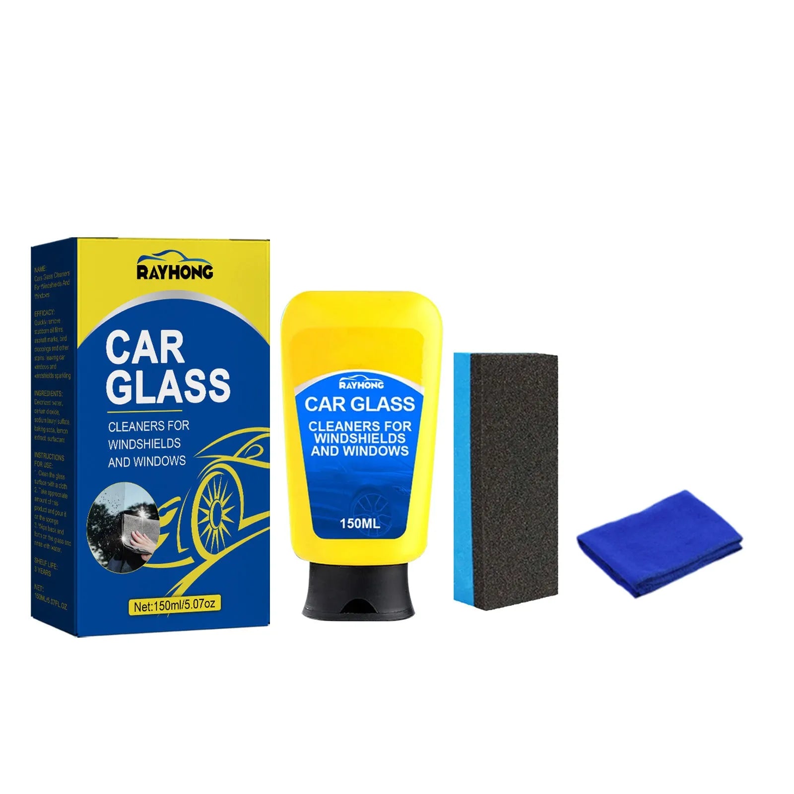 150ml windshield automotive detergent bottle with sponge and microfibre cloth for car glass cleaning