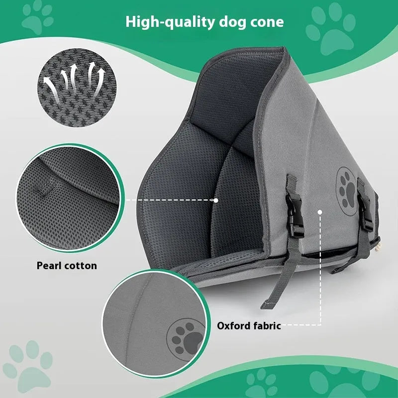 An adjustable polyester pet sterilisation collar or cone, shown in a casual style.