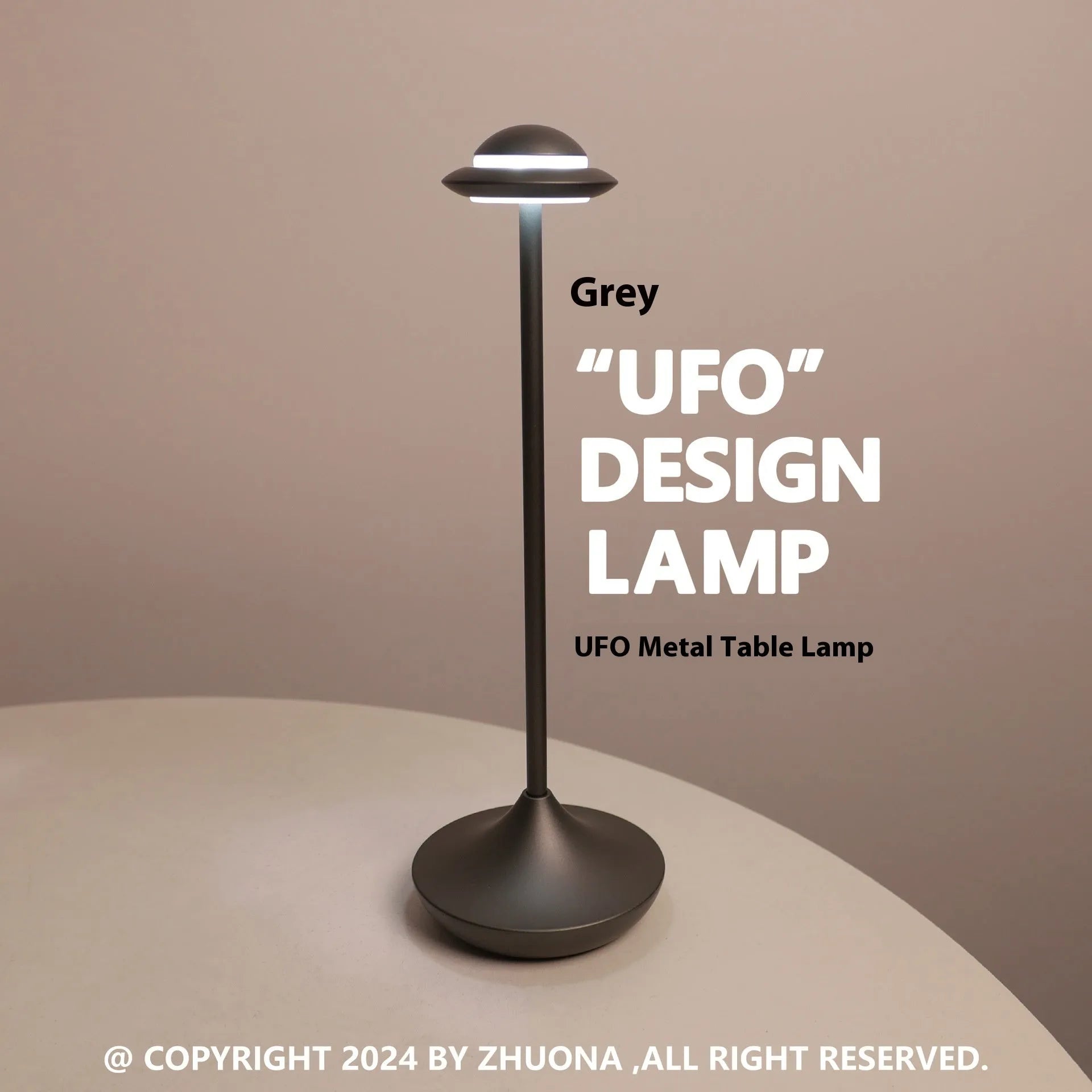 Modern metallic UFO-shaped rechargeable table lamp with touch dimming in black finish.