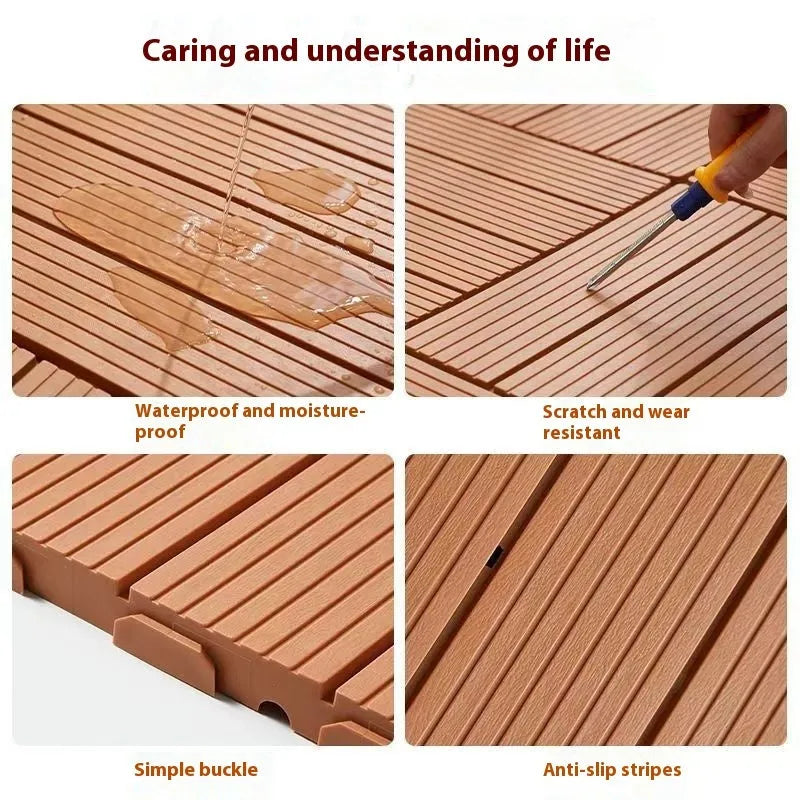 Set of ten square plastic floor tiles with wood grain texture in various colour options.