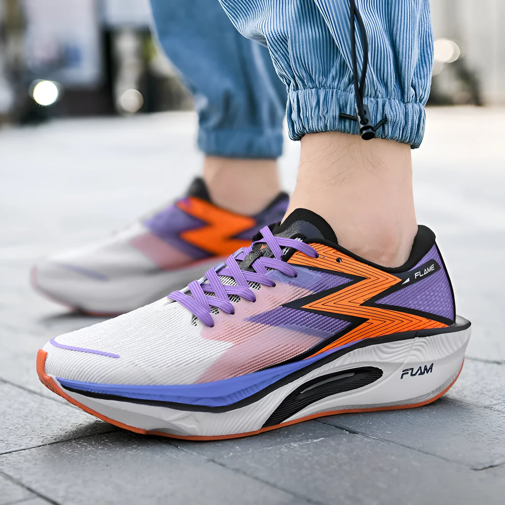 Marathon full palm carbon plate racing running shoes in multiple colours on a white background
