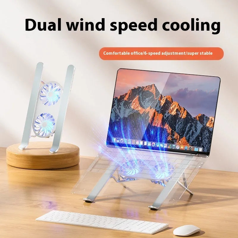 Silver aluminium laptop stand with twin cooling fans in folded position next to cloth storage bag