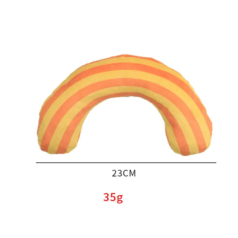 Striped pattern cat toy with squeaker and catnip strip measuring 23 by 20 centimetres