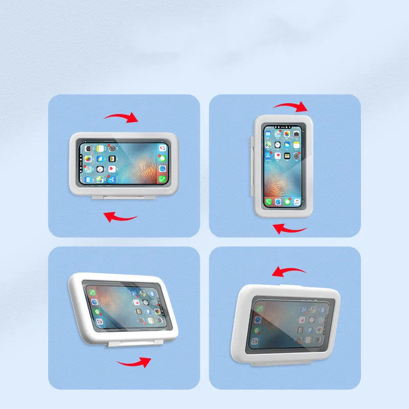 Waterproof phone holder mounted on bathroom tile with phone visible through anti-fog window