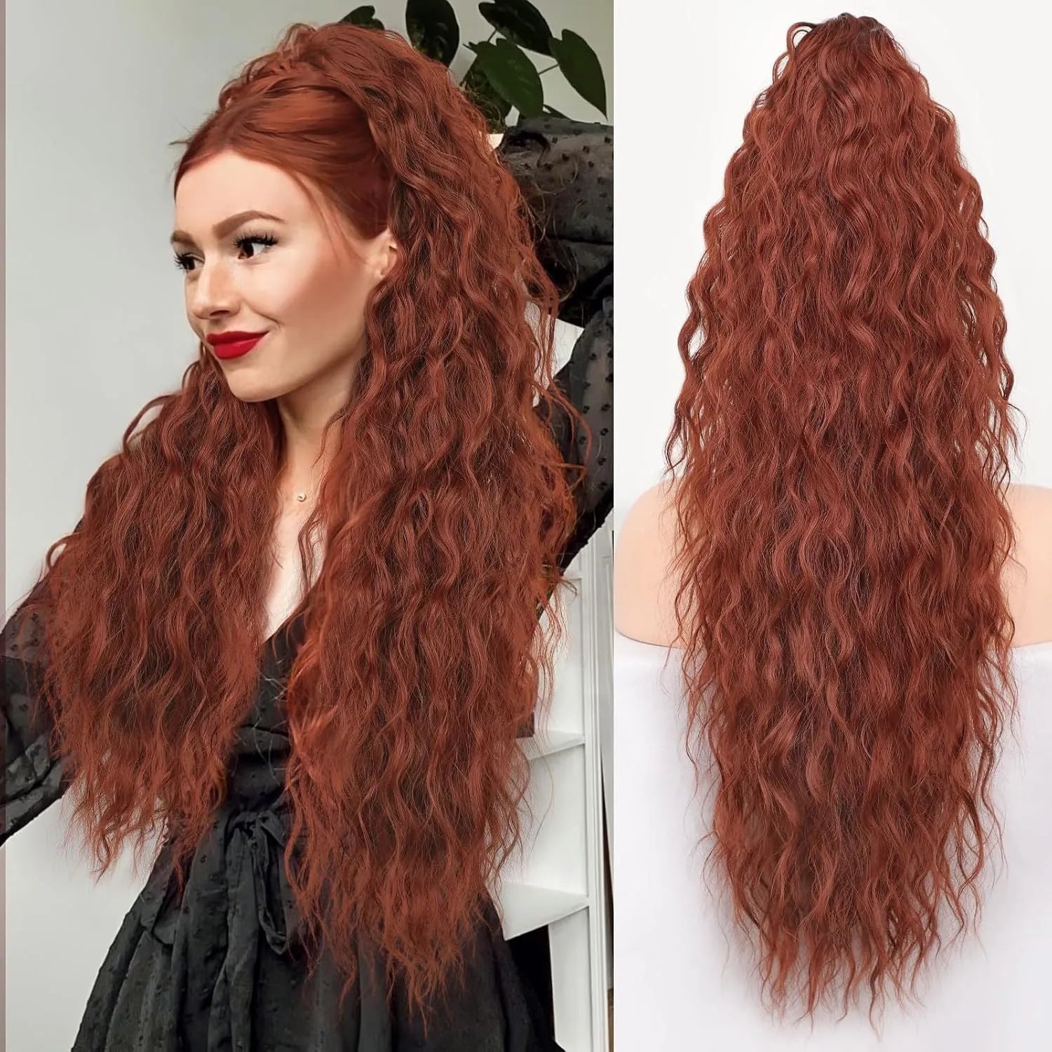 Long curly synthetic ponytail wig in high temperature fibre, 30 inches in length.