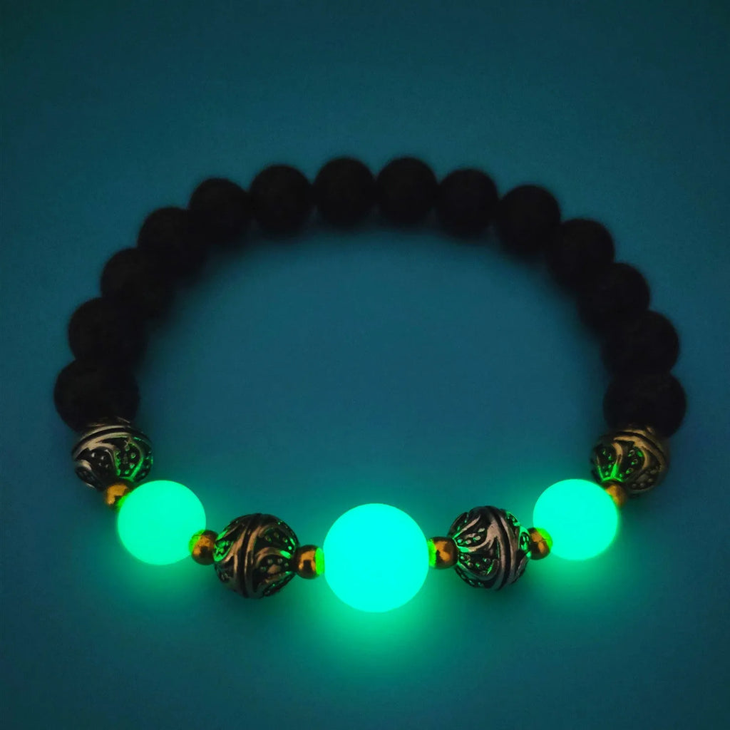 Luminous beaded bracelet for women with fluorescent stone beads, 55mm inner diameter, ancient bronze electroplating
