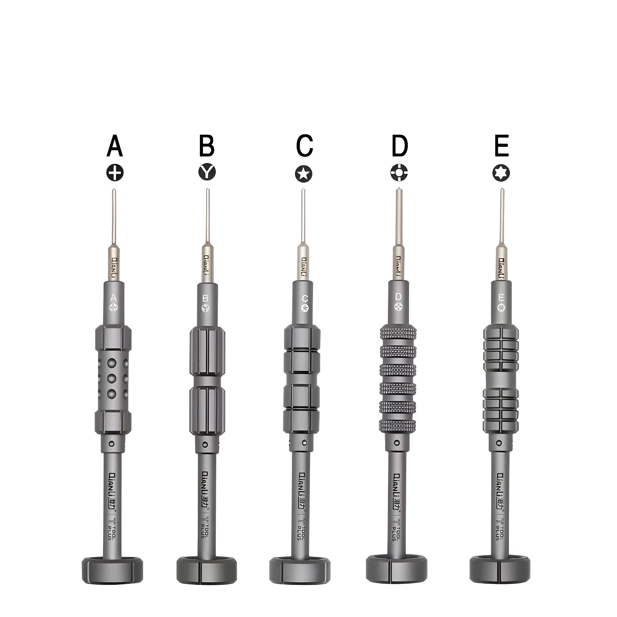 Five-in-one precision screwdriver with grenade-shaped aluminium handle for iPhone repair.