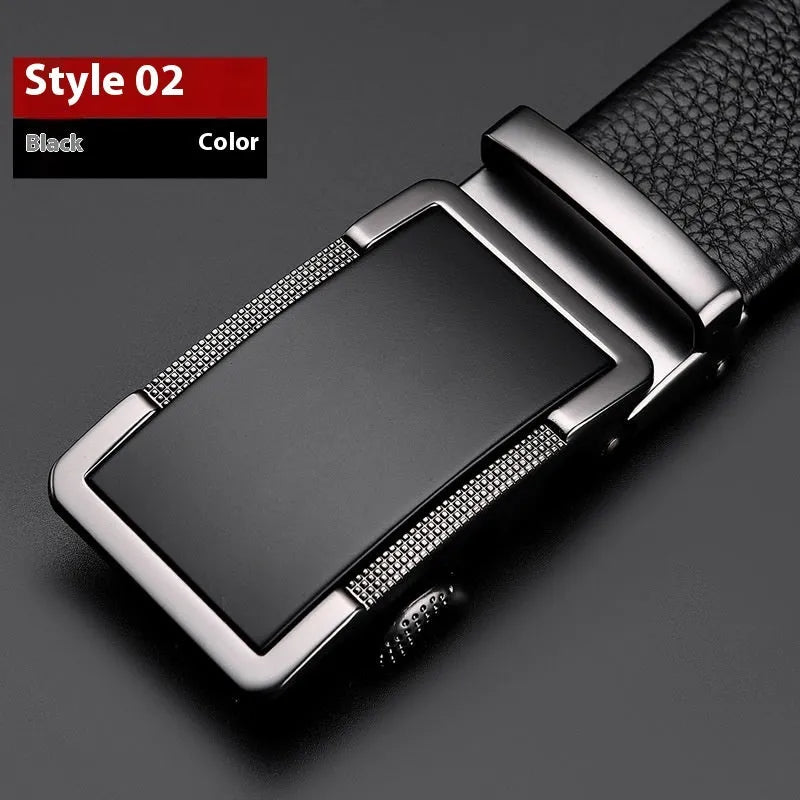 Men's leather belt with automatic alloy buckle in gun black colour showing standard 2-4cm width