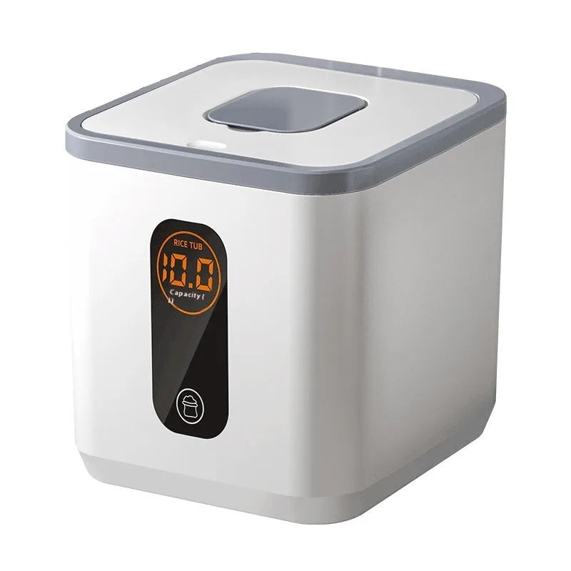 Grey sealed plastic rice storage jar with lid and measuring cup in 10kg, 20kg, and 30kg size options.
